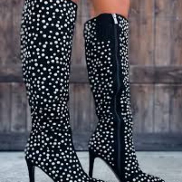 NIB- Lauren Lorraine Haddie Studded Black Stiletto Heel Boots - Picture 4 of 4
